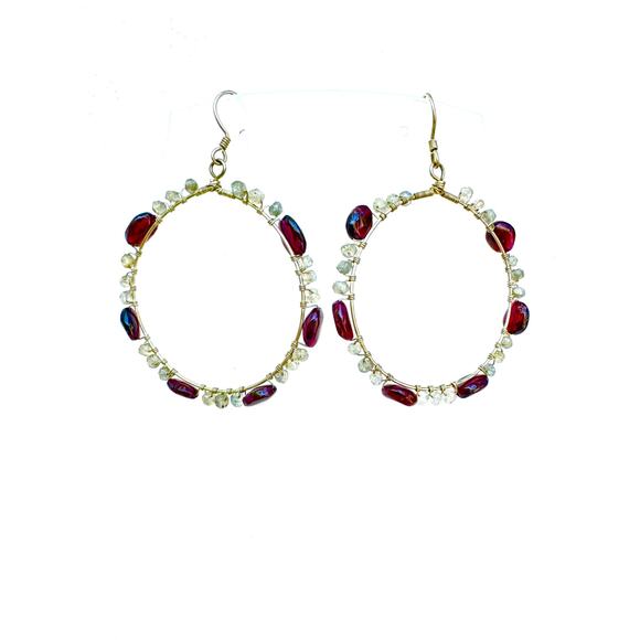 Garnet Labradorite Gemstone Beaded Hoops Sterling 925 Silver Handmade Earrings - Picture 3 of 3
